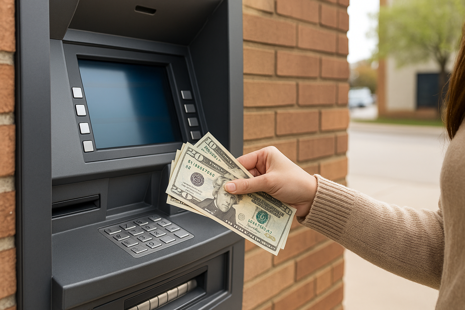Modern ATM with wallet and smartphone representing smart cash management and low-fee banking