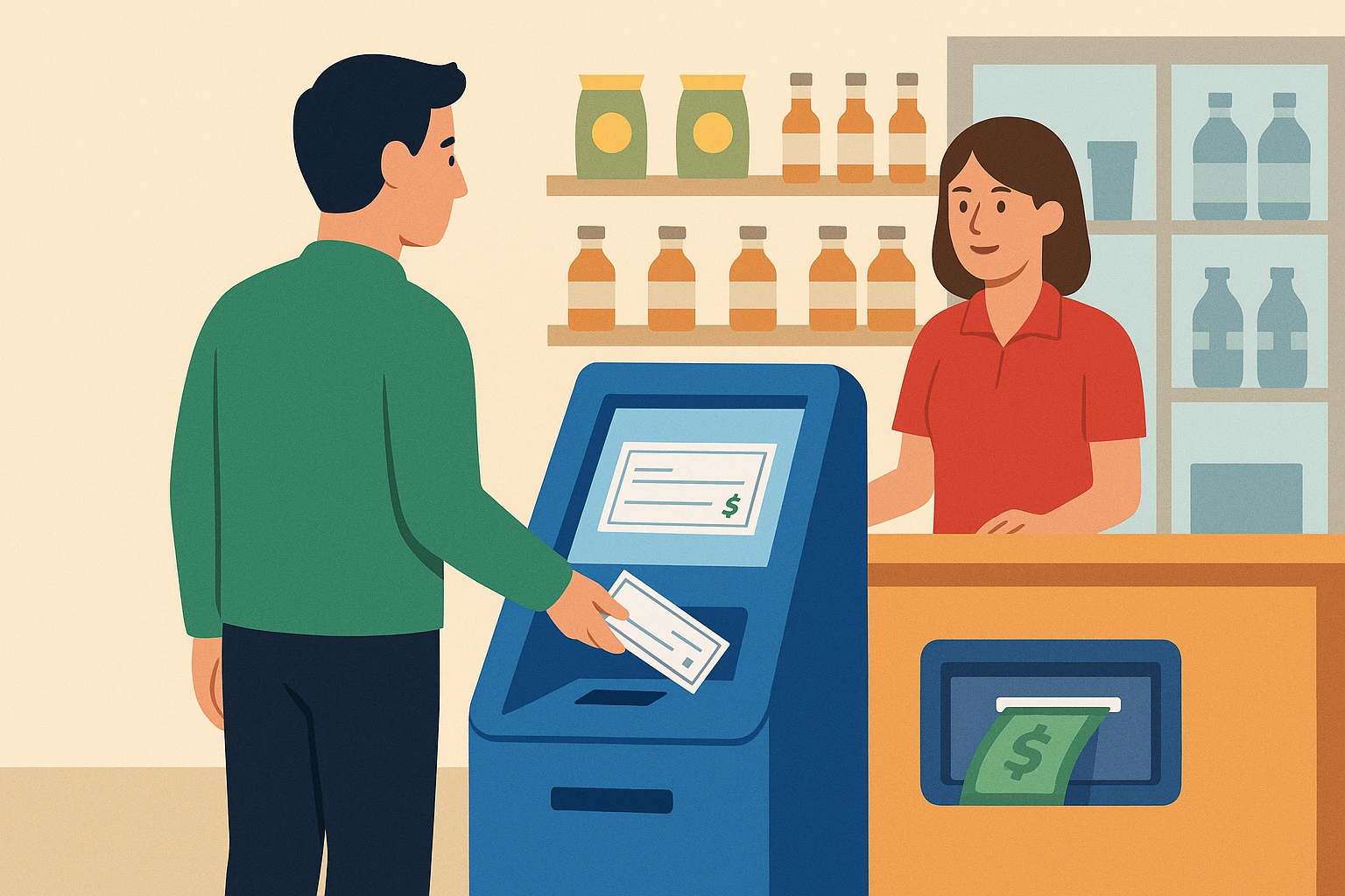 flat illustration of a customer using a kiosk to cash a check inside a convenience store