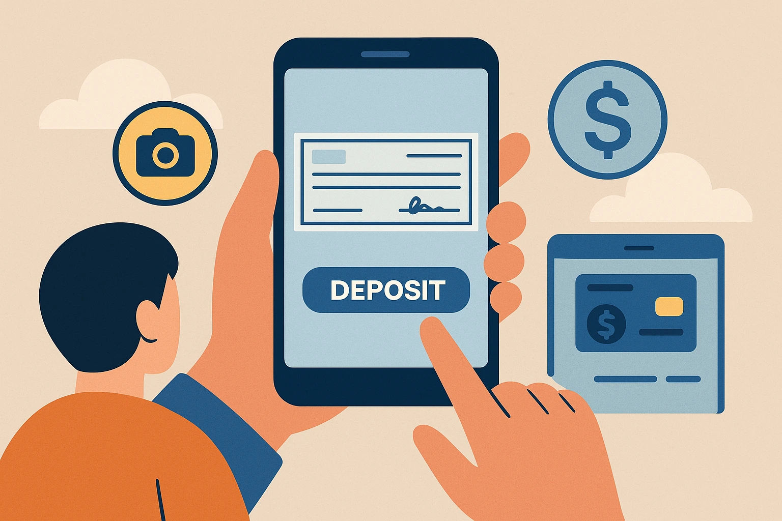 flat illustration of a person cashing a check online using a mobile app