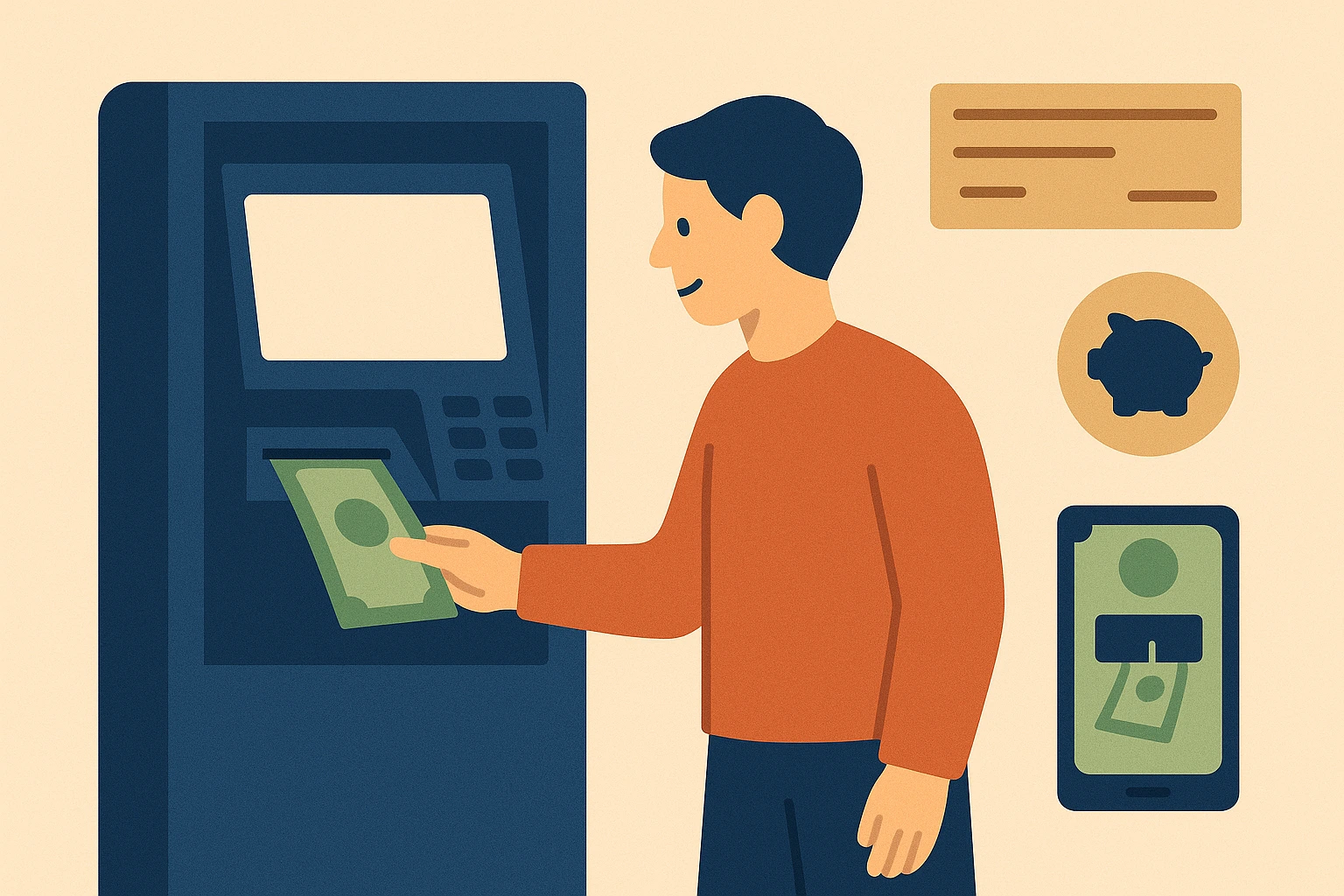 flat illustration of a person getting cash from an atm after cashing a check simple finance icons