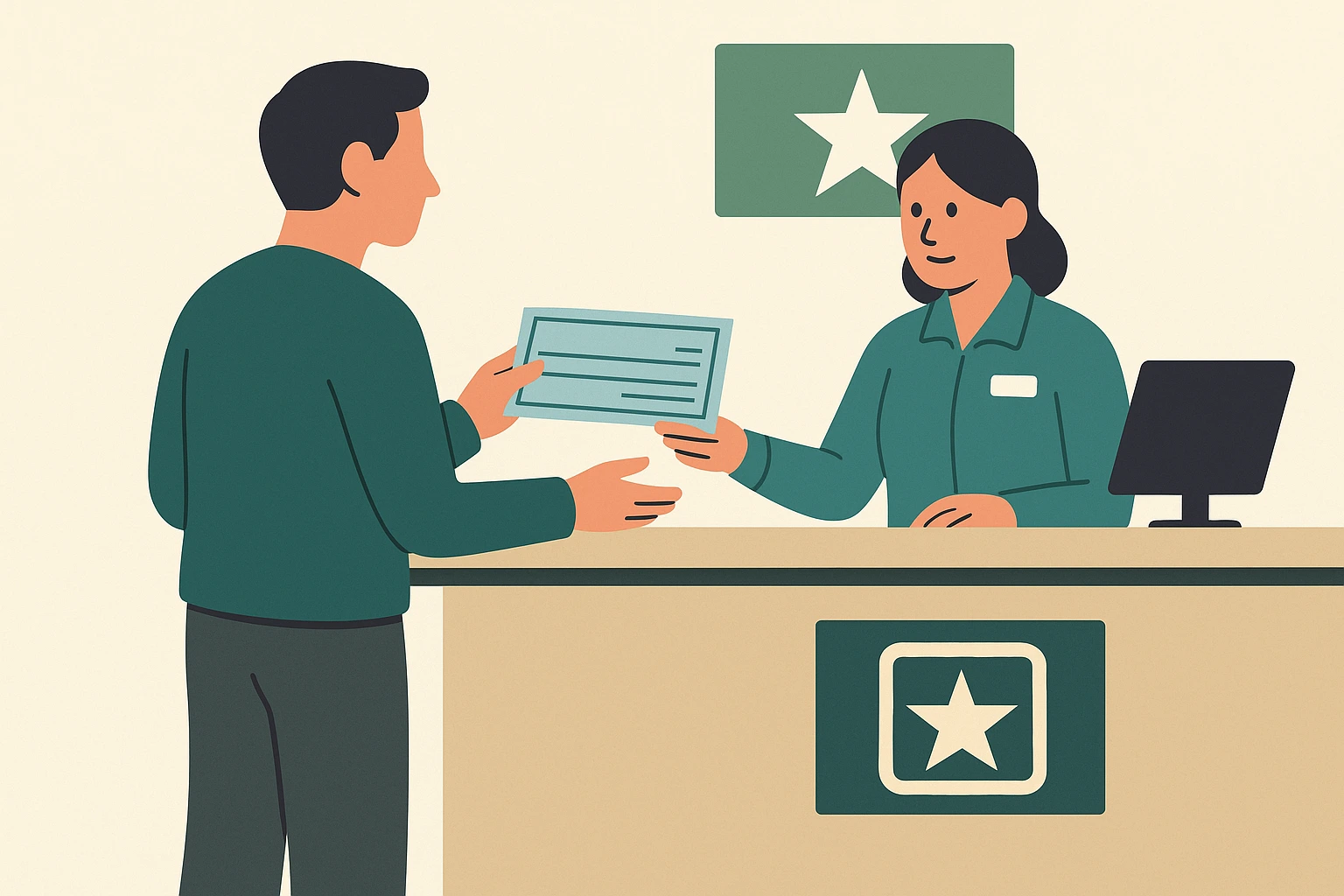 flat illustration of a customer cashing a check at a financial service counter