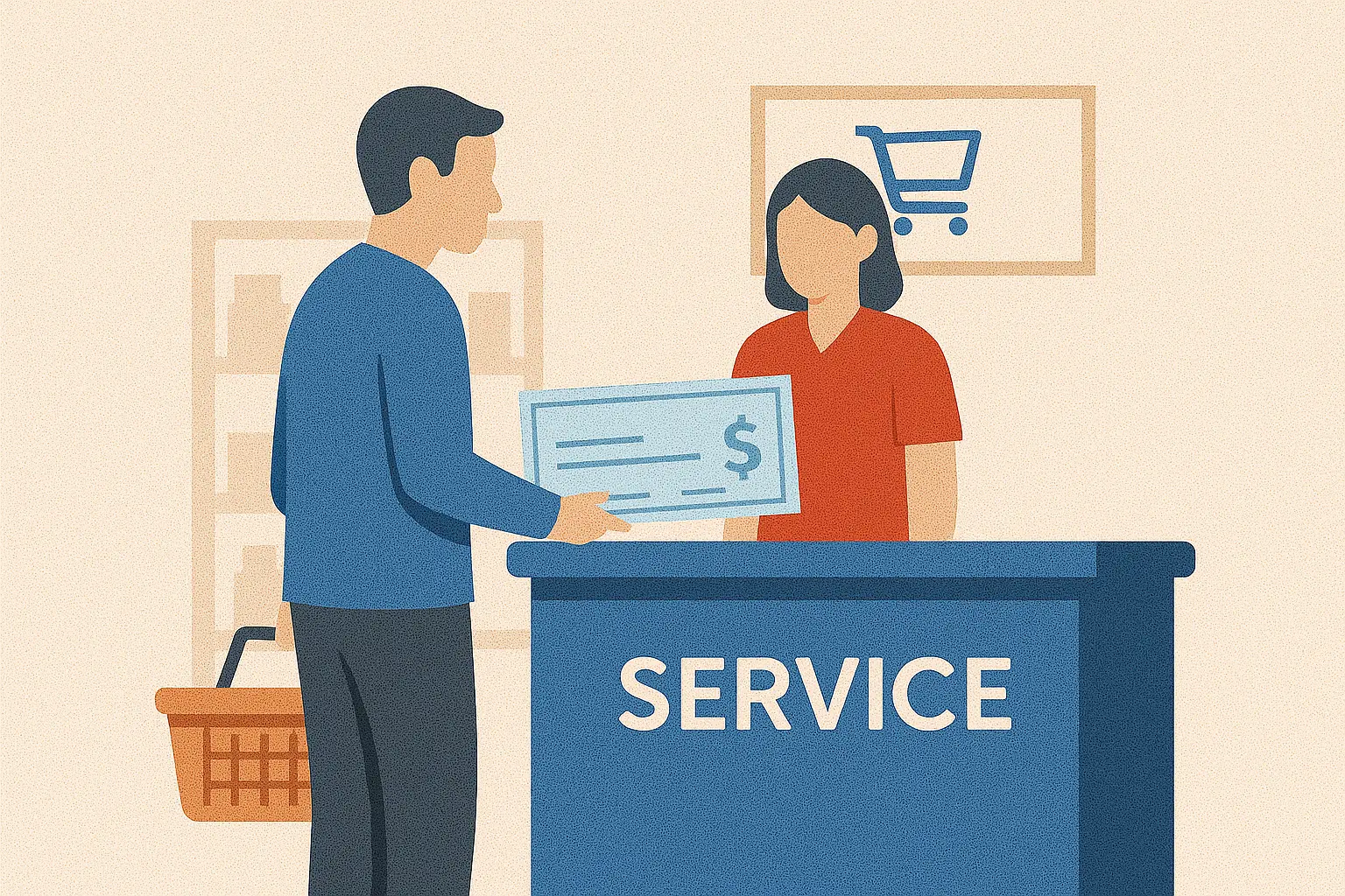 flat illustration of a grocery store customer cashing a check at a service counter