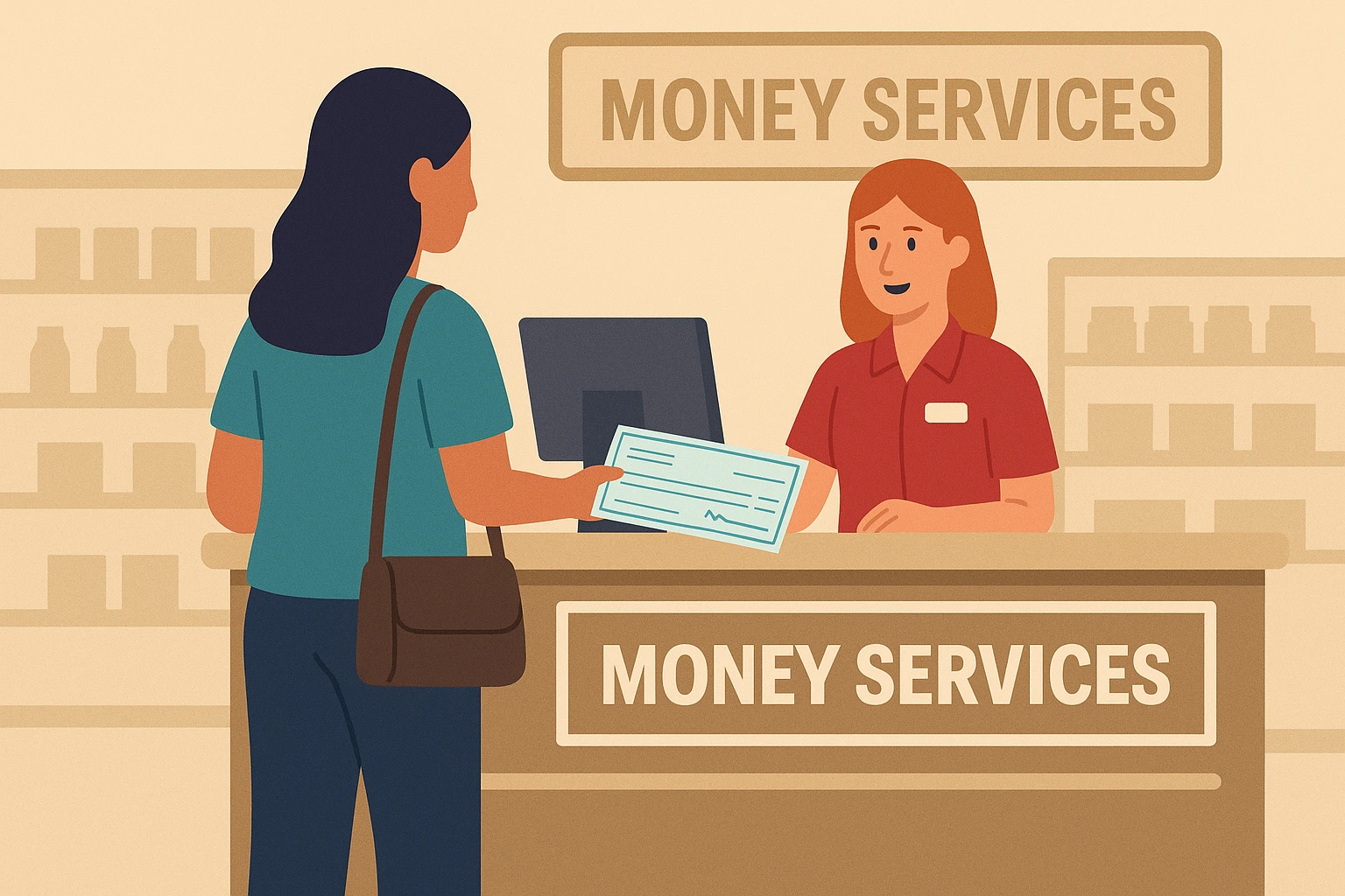 flat illustration of a customer cashing a check at a grocery store money services counter