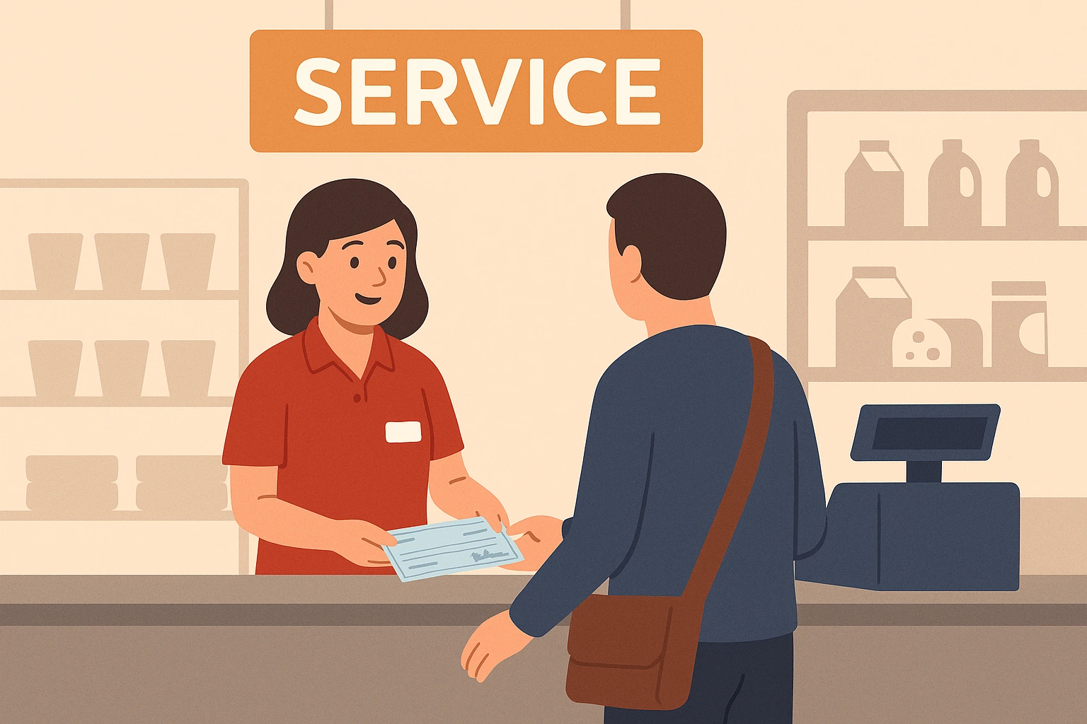 flat illustration of a customer cashing a check at a supermarket service counter similar to a Meijer store