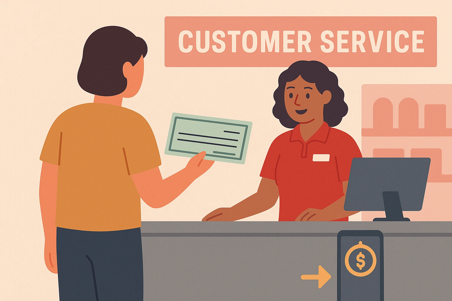 flat illustration of a person cashing a check at a grocery store customer service counter