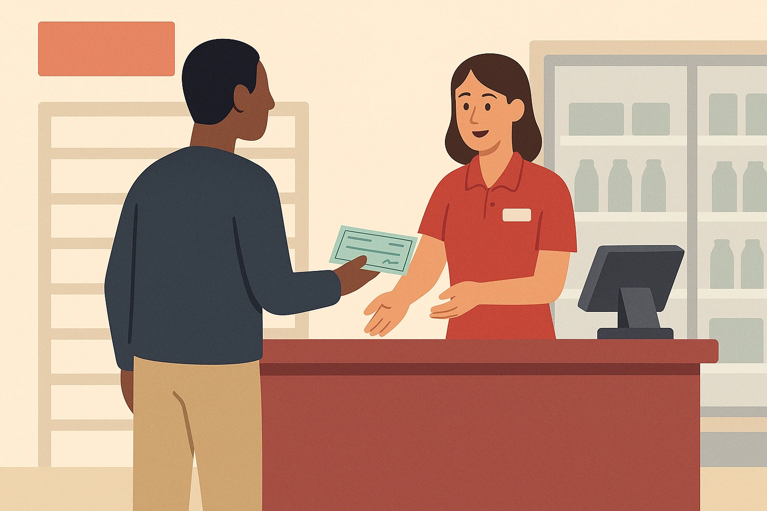 flat illustration of a customer cashing a check at a convenience store counter