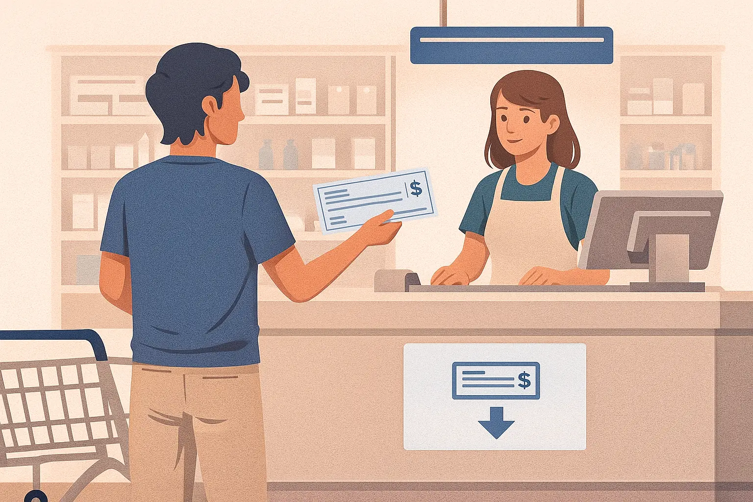 flat illustration of a customer cashing a check at a grocery store service desk