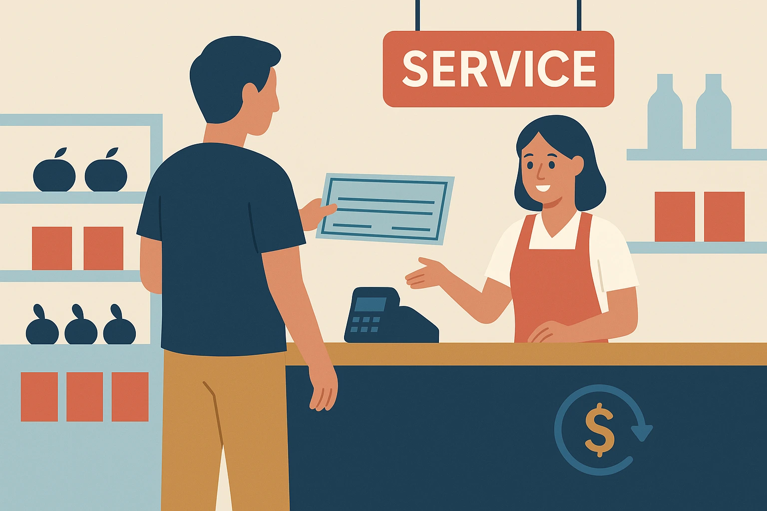 flat illustration of a customer cashing a check at a grocery store service counter