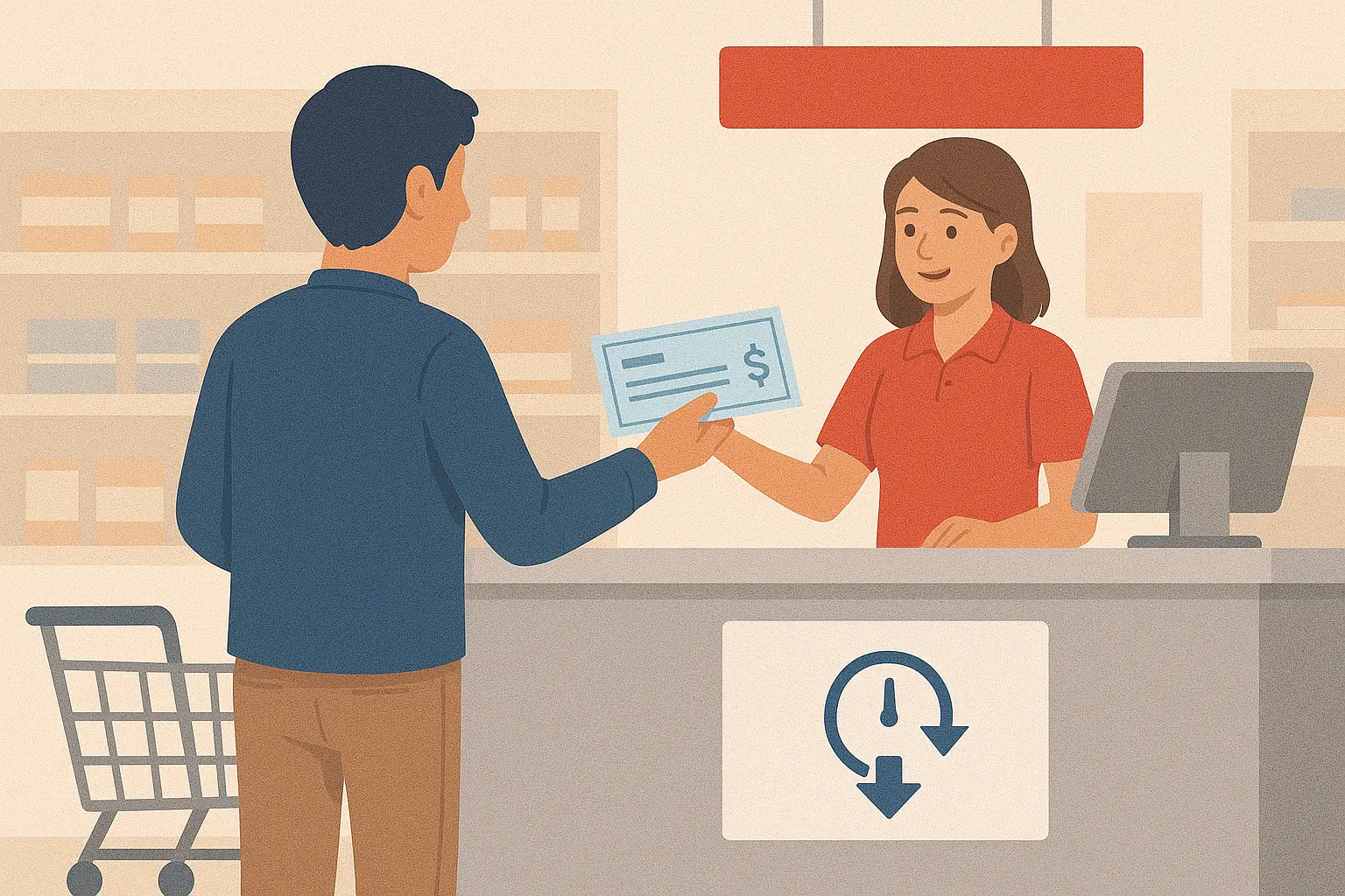 flat illustration of a customer cashing a check at a grocery store counter resembling a Tops Friendly Markets layout