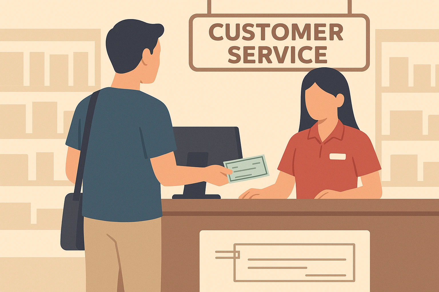flat illustration of a grocery store customer service desk handling a check cashing transaction