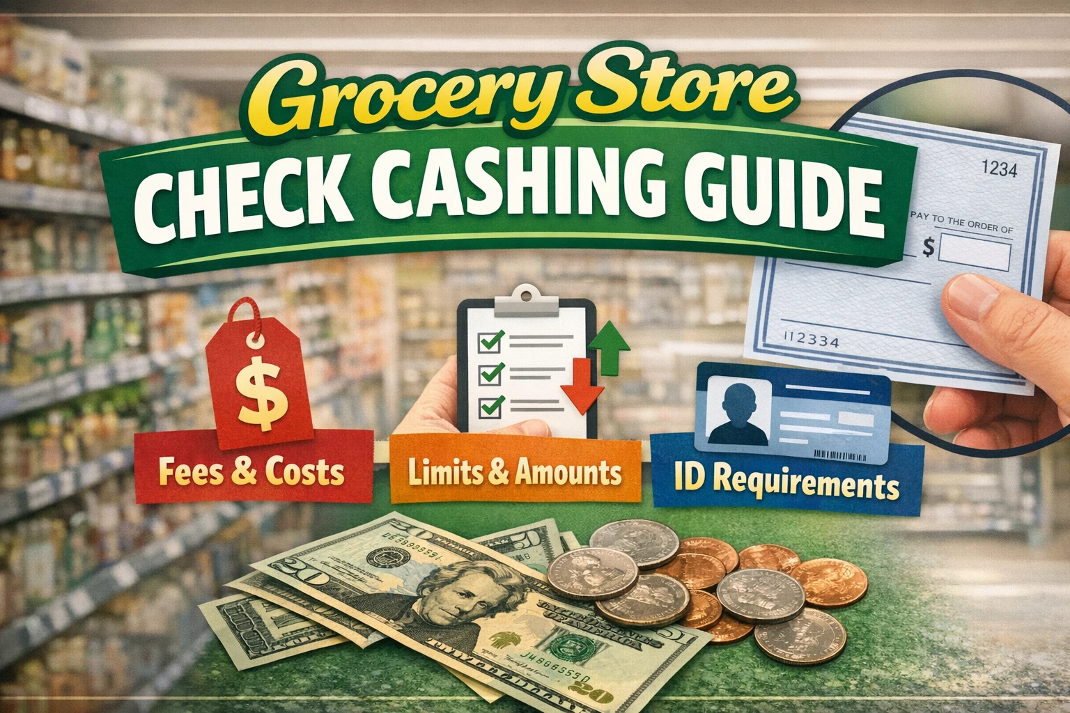 Grocery store check cashing guide with fees, limits, and ID requirements